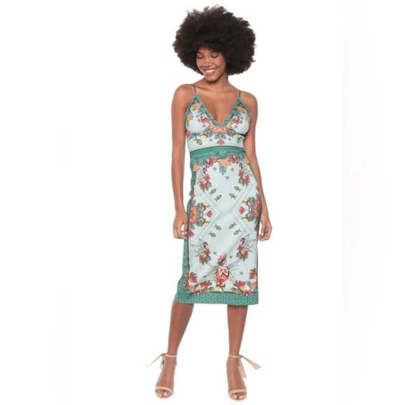 NWT COLCCI Made in Brazil 🇧🇷 V neck Sleeveless Bodycon Floral Midi Dress Sz 4 - Picture 1 of 14